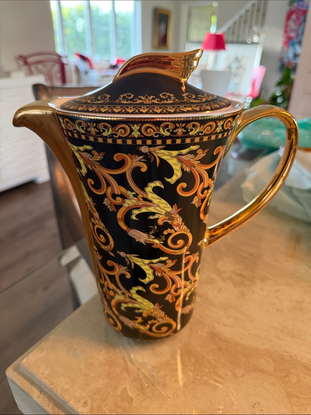 Rosenthal Versace Barocco Black and Gold Ornate Porcelain Pitcher NO CHIPS
